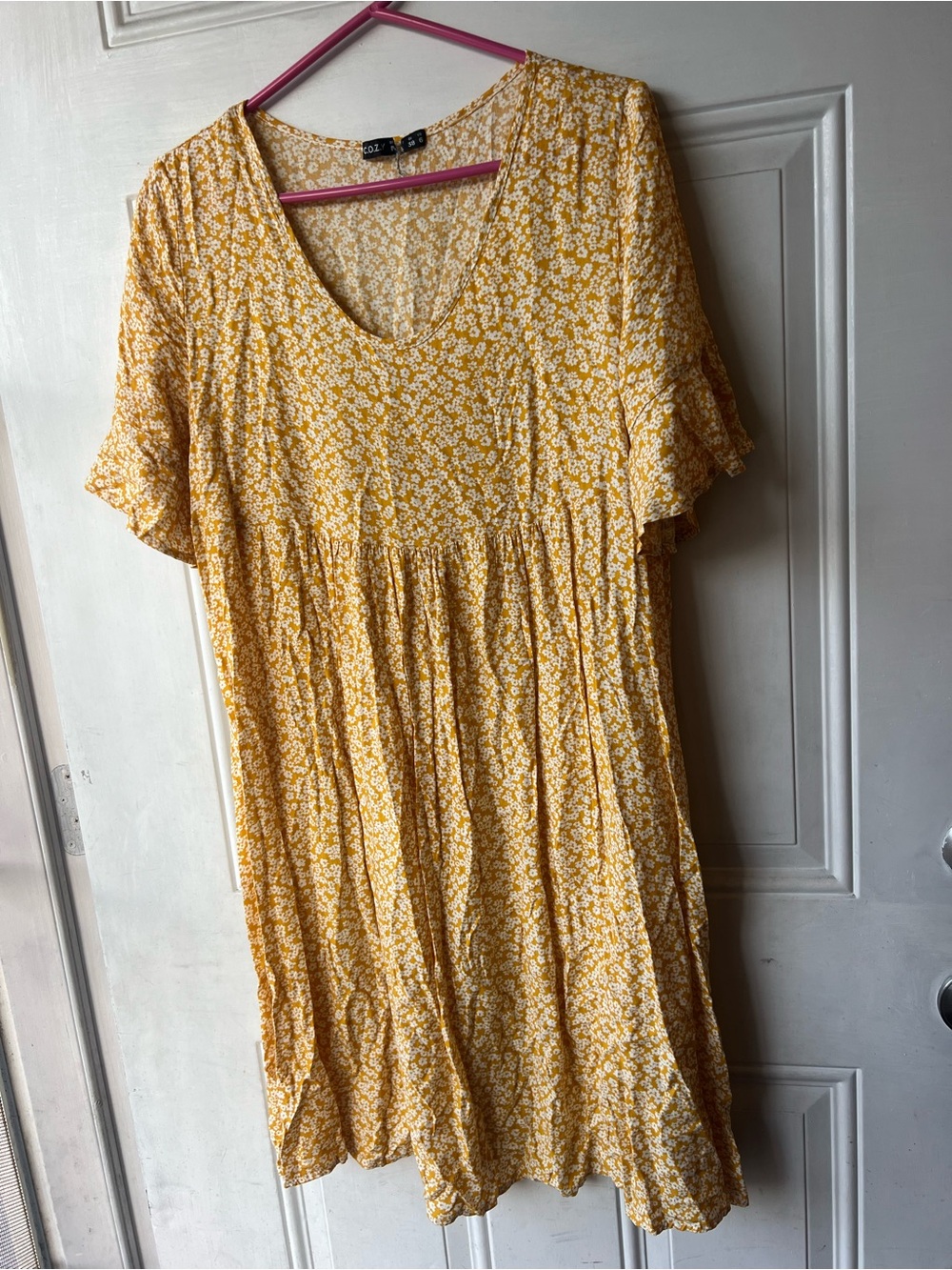 Yellow Floral Mini Dress with Scoop Neck